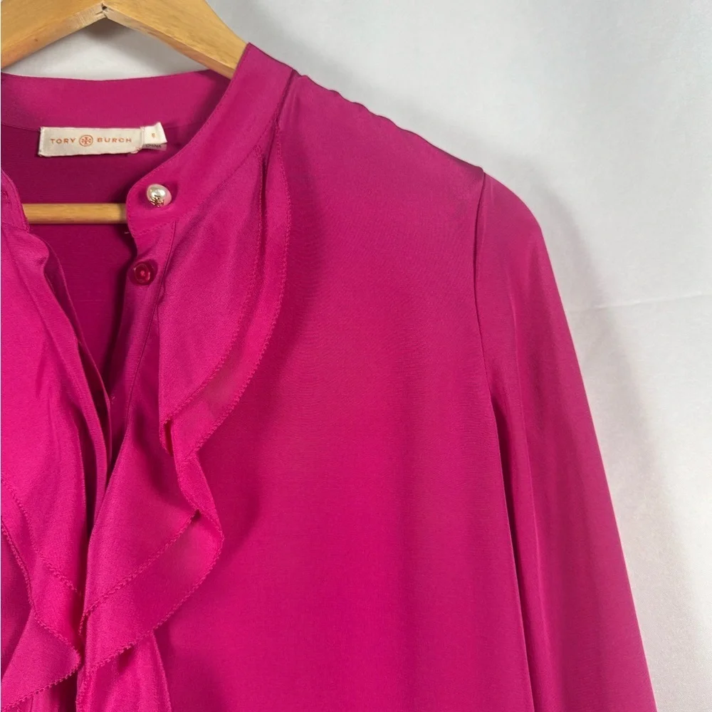 Tory Burch Hibiscus Flower Jane 100% Silk Dress Pink Ruffles Holiday Wedding 8 - Picture 3 of 12